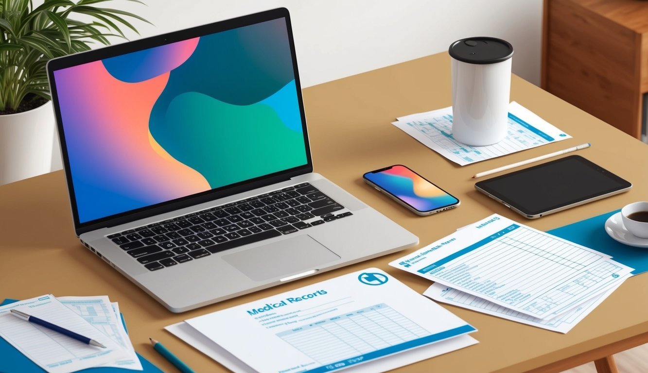 A laptop, smartphone, and medical records spread out on a desk in a home office setting