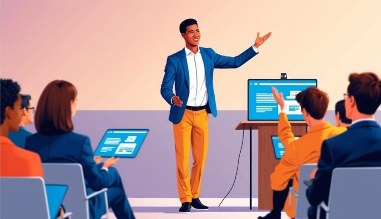 A man giving a presentation to an audience with screens