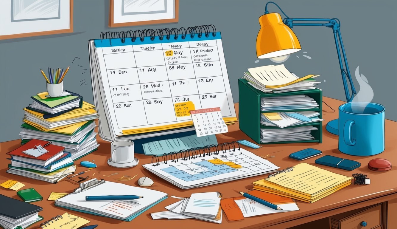 A cluttered desk with a calendar showing multiple days off, unfinished work, and a stressed-out atmosphere