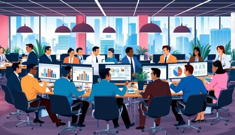 Business meeting in an office with people looking at computer screens