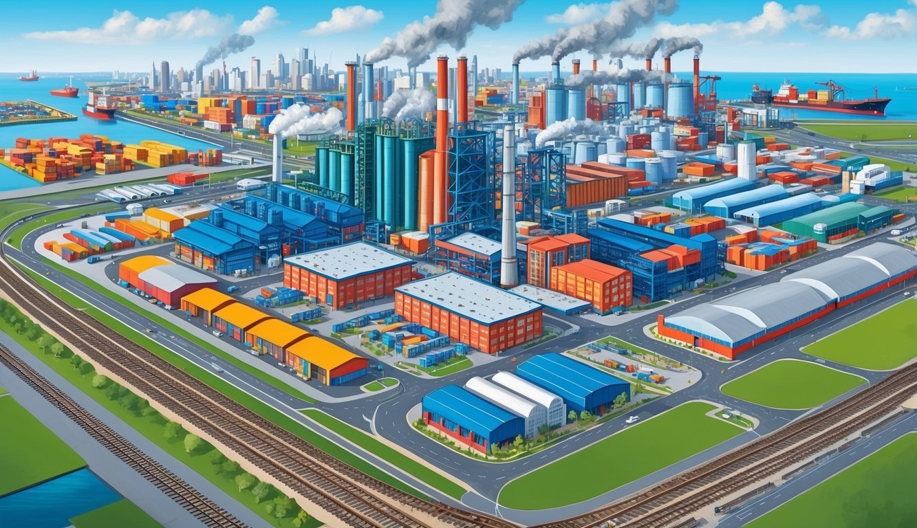 A bustling city skyline with factories, office buildings, and warehouses, surrounded by transportation infrastructure such as roads, railways, and shipping ports