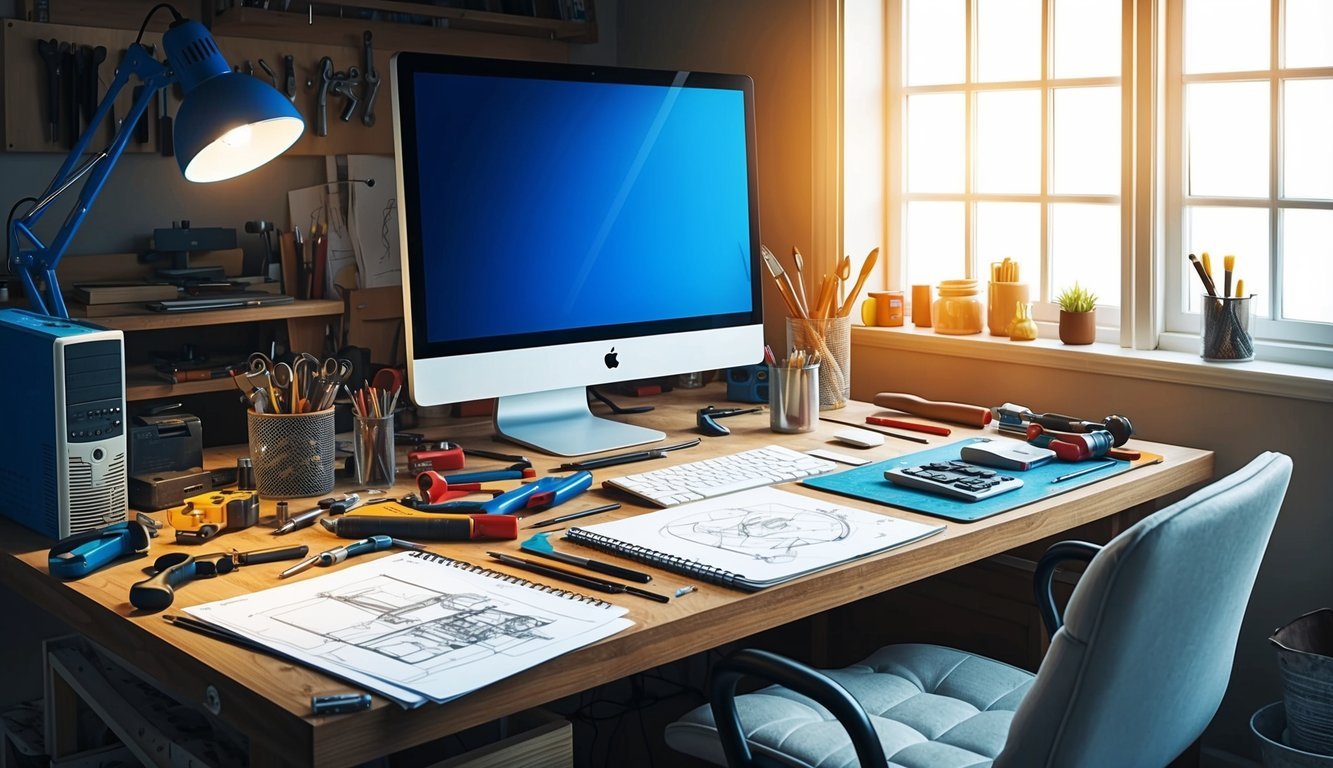 A desk cluttered with tools, computer, and sketches.</p><p>A bright window illuminates the workspace