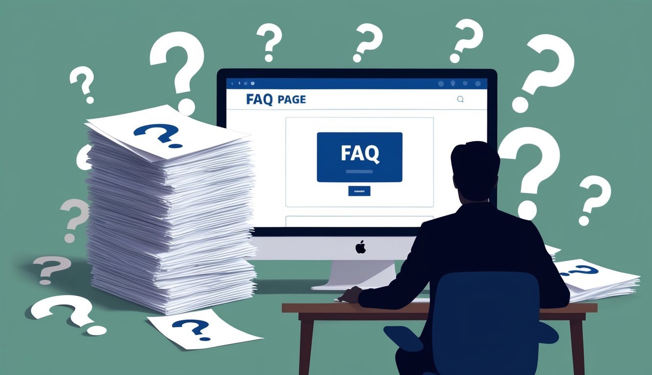 A stack of papers with question marks scattered around, a computer screen displaying FAQ page, and a person's silhouette in front of the computer