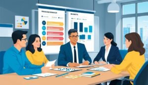 Business team in a meeting, reviewing charts and graphs on a table