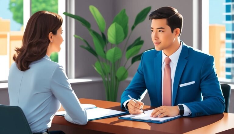 Business meeting: man in blue suit writing, woman facing him, desk, plant