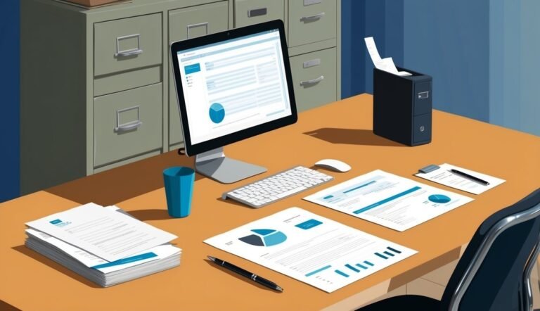 Office desk with computer, papers, and filing cabinets