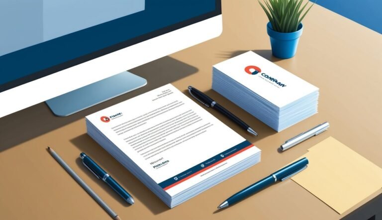 Stationery, pens, and computer on a desk, business branding concept