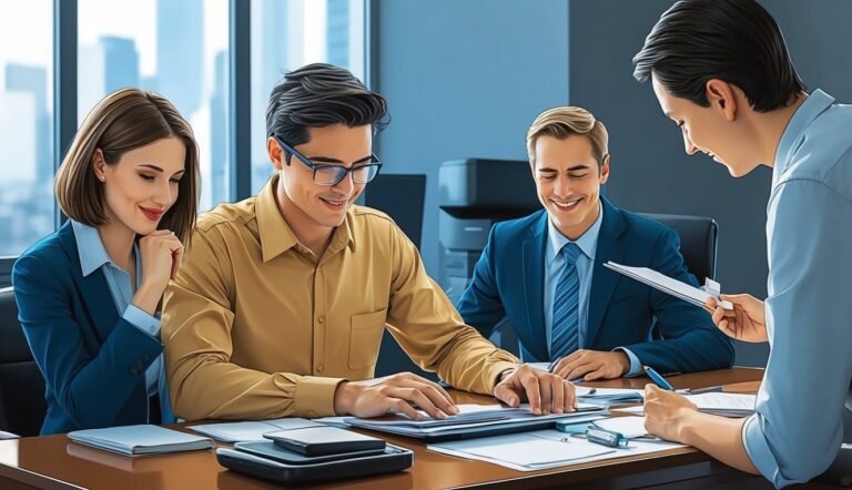 Business team reviewing documents at a table, smiling and working together
