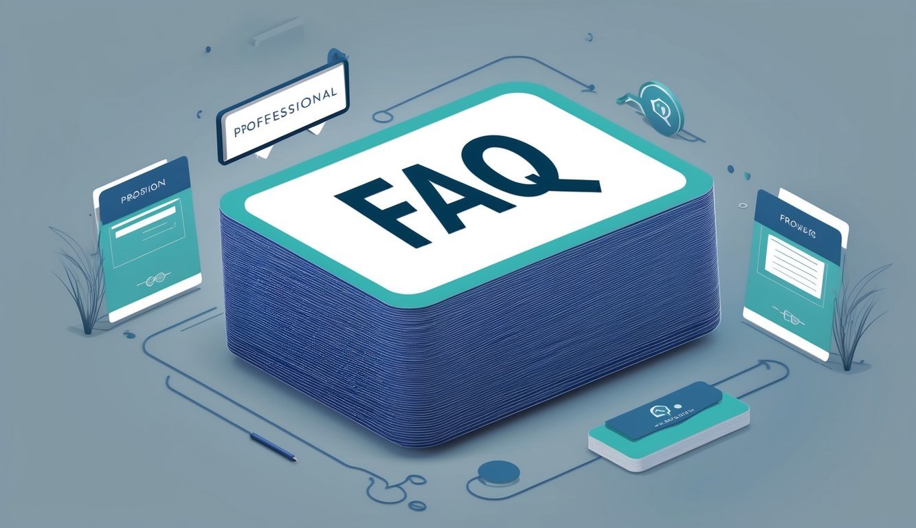 A stack of FAQ cards with a hushed tone, surrounded by subtle promotional elements