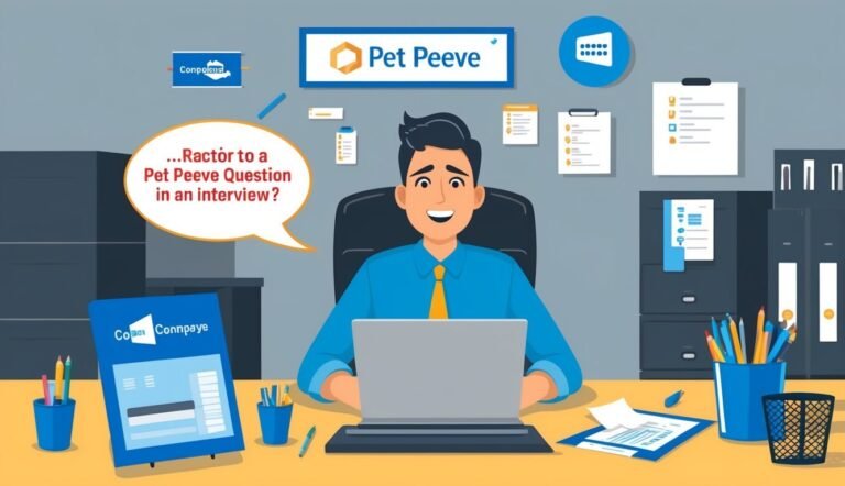 Man at desk with laptop, "Pet Peeve" sign, and speech bubble about interviews