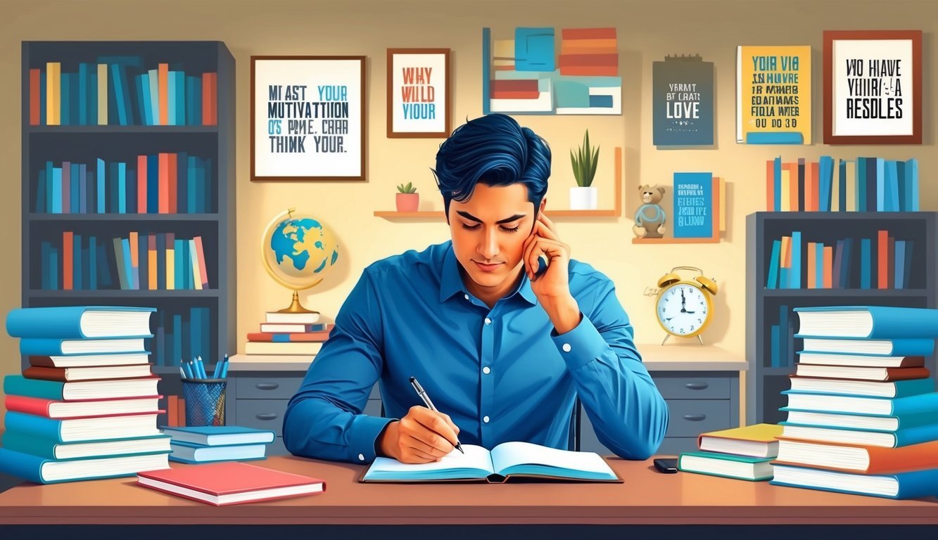 A person sitting at a desk, deep in thought with a pen and notebook, surrounded by books and motivational quotes