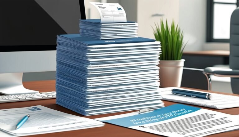 Large stack of papers on a desk with a computer and pen