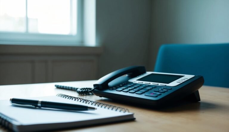 Desk with phone, notepad, pen, and a blue chair in background