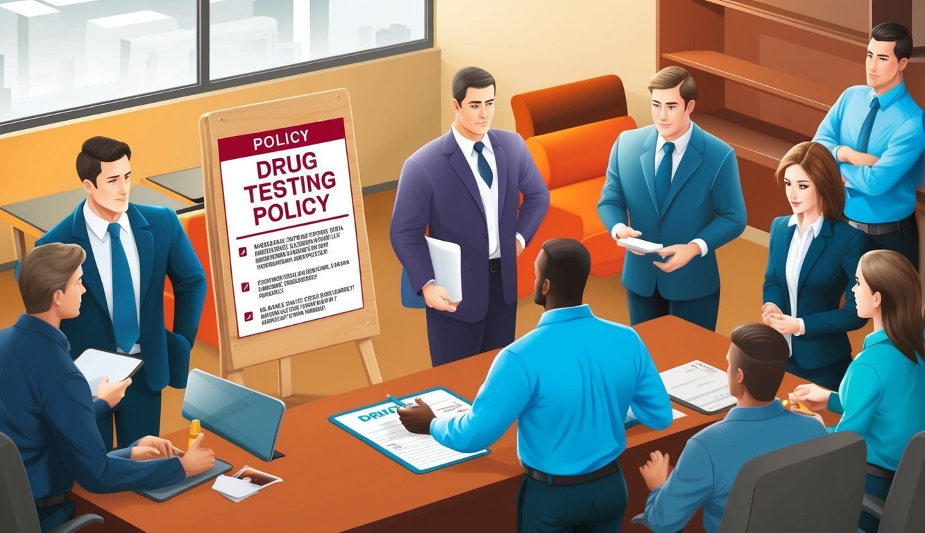 Business meeting discussing a drug testing policy in an office setting