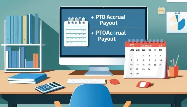 Desk with computer, calendar, books, and calculator, illustrating PTO accrual