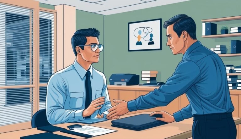 Two men in office, one offering a handshake over a desk