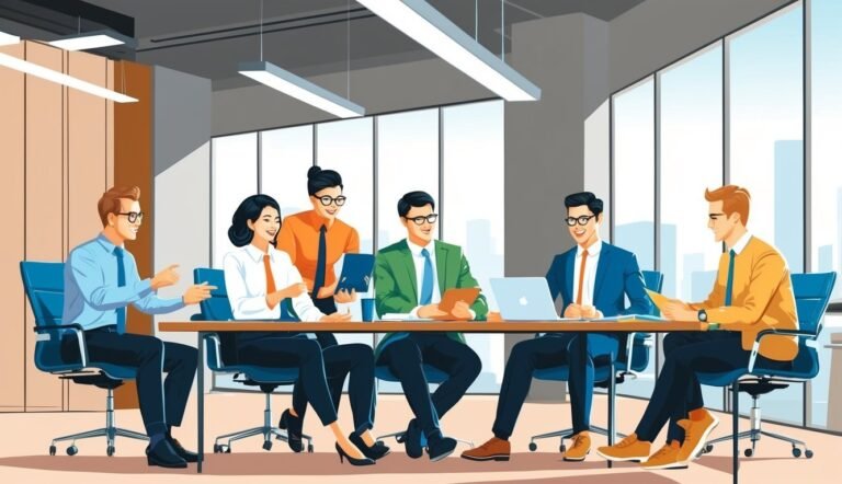 Business team in a meeting, sitting around a table in an office