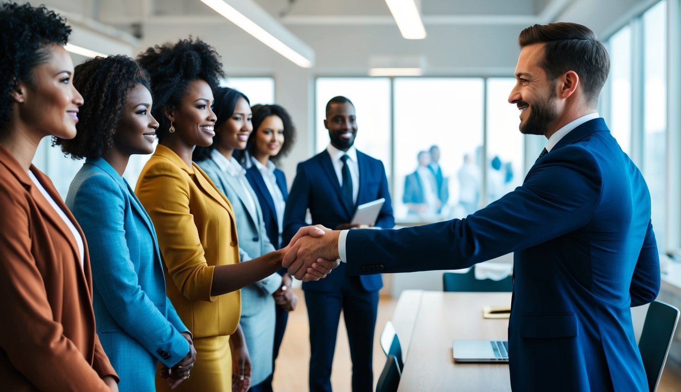 Business team shaking hands with a man in a suit, smiling