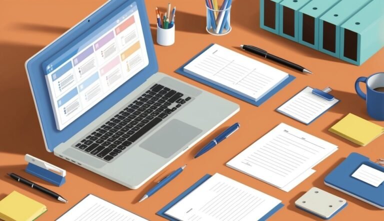 Laptop with documents, pens, and office supplies on an orange desk