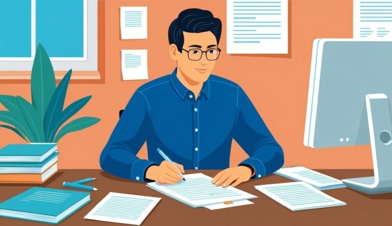 Man in blue shirt writing at desk with papers and computer