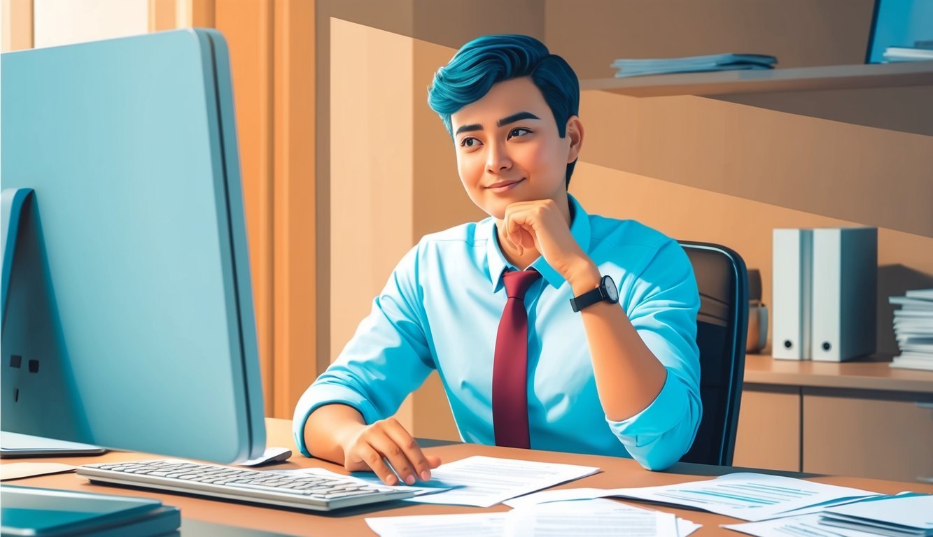 A person sitting at a desk, surrounded by papers and a computer, with a thoughtful expression while considering job offer