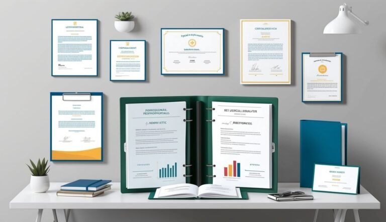 Documents, charts, and a binder on a white desk, with documents on the wall