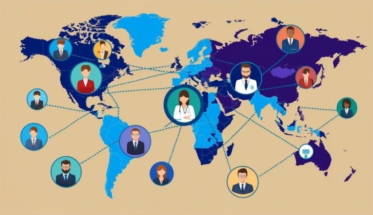 World map with connected people icons representing global collaboration