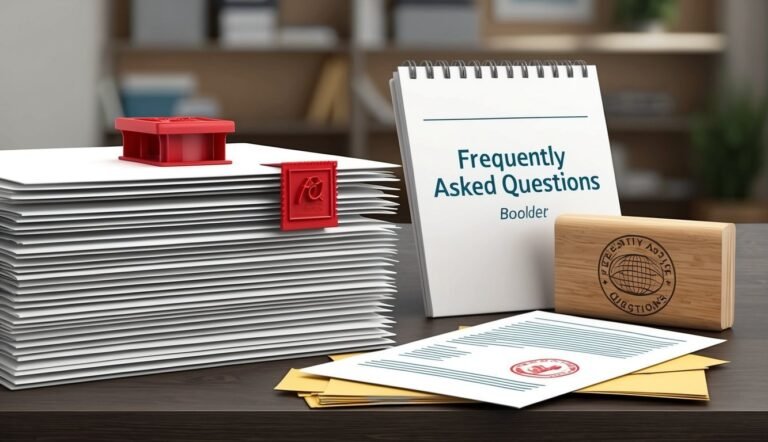 Stack of papers, FAQ notepad, and a wooden stamp on a desk