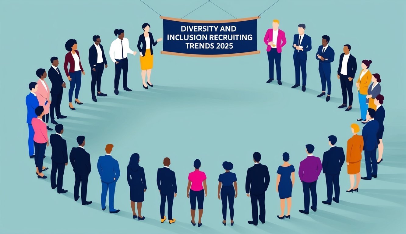 A diverse group of silhouettes stand in a circle, representing various ethnicities, genders, and abilities.</p><p>A banner with "Diversity and Inclusion Recruiting trends 2025" hangs above them