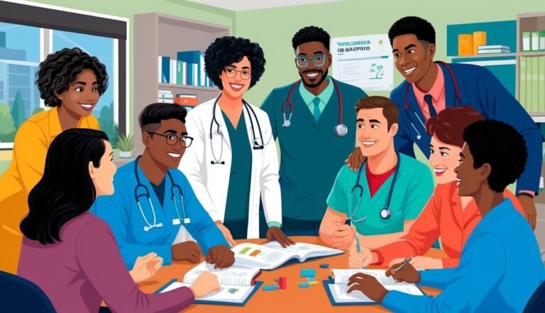 Diverse group of medical professionals in a meeting, smiling and collaborating