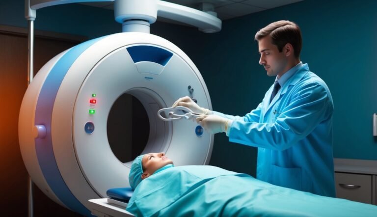 Doctor preparing patient for a CT scan in a medical facility