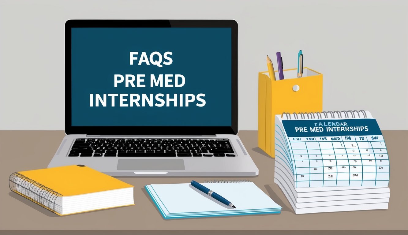 A desk with a laptop, pen, and notebook.</p><p>A stack of papers labeled "FAQs Pre med internships." A calendar with dates circled