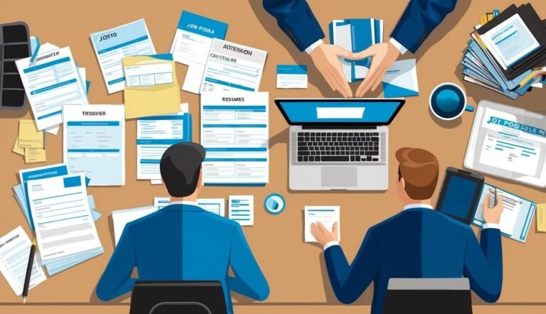 Two men reviewing resumes and job applications at a desk with laptop