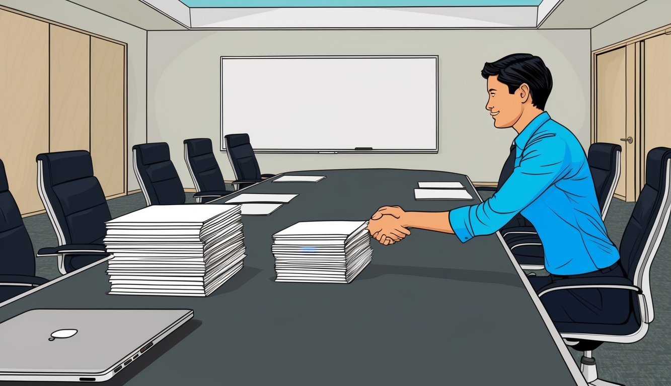 A conference room with a long table, chairs, and a whiteboard.</p><p>A stack of resumes and a laptop on the table.</p><p>Two people shaking hands