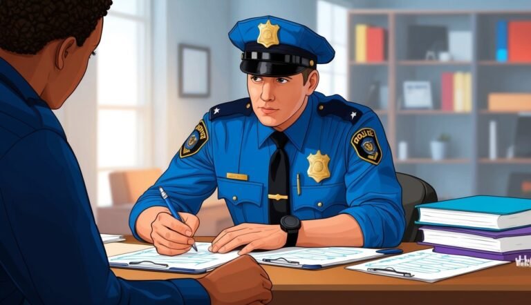 A police officer in uniform writing at a desk with a person