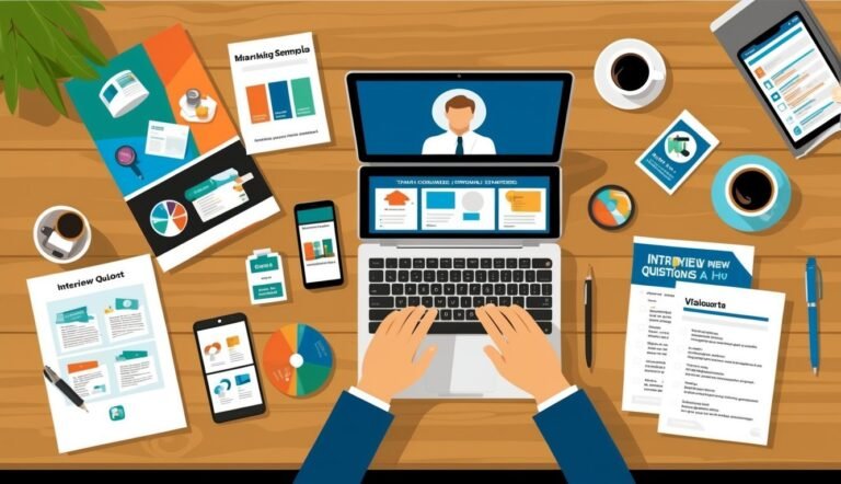Person working on a laptop with documents, coffee, and smartphones on a desk