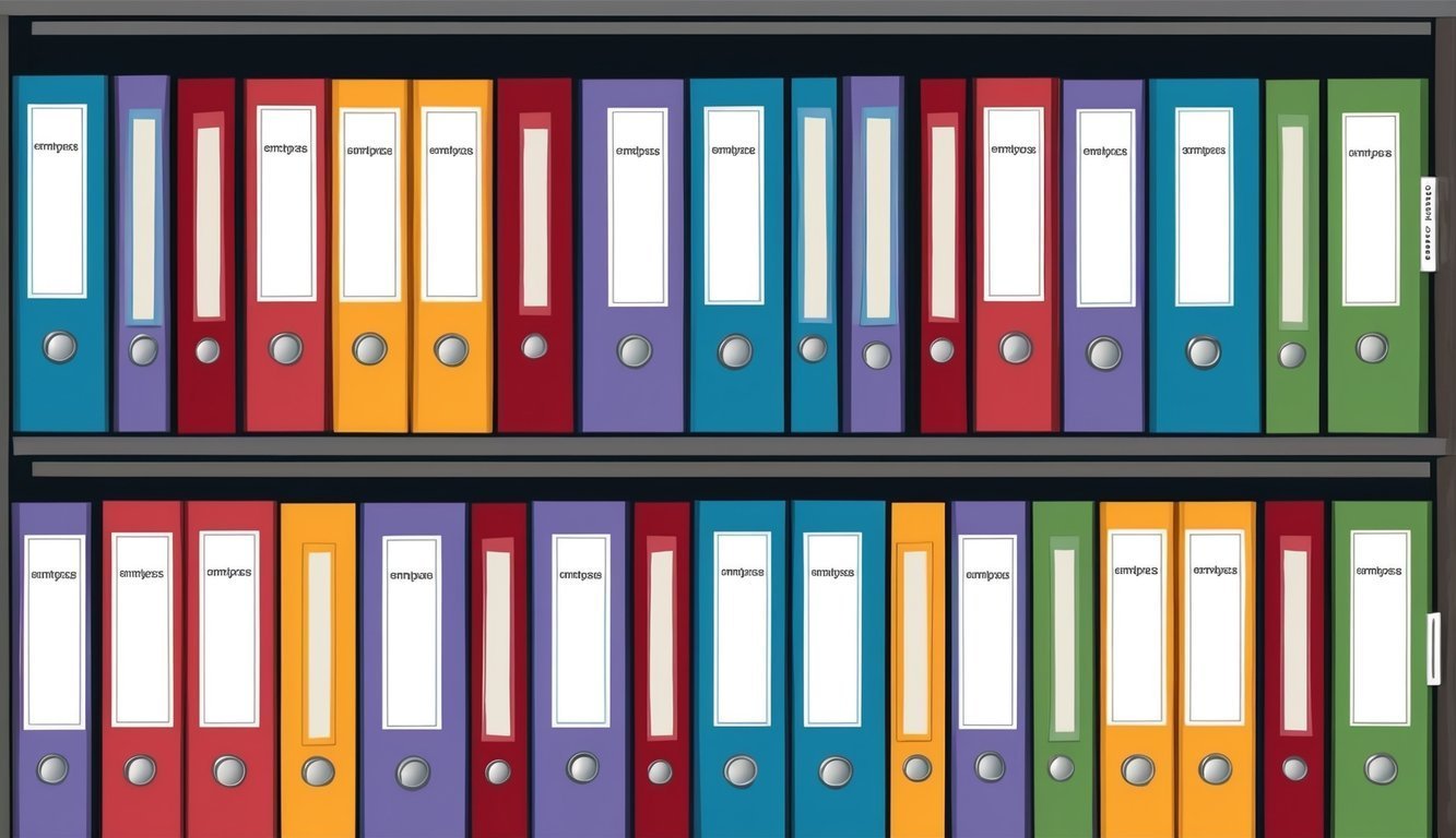 Two shelves of colorful binders with white labels on a dark shelf