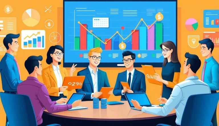 Business team in a meeting, analyzing financial charts on a screen