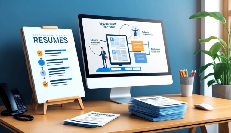 Desk with computer, resumes, and a diagram about recruitment strategies