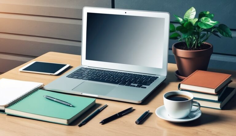 Laptop, tablet, coffee, plant, and books on a wooden desk