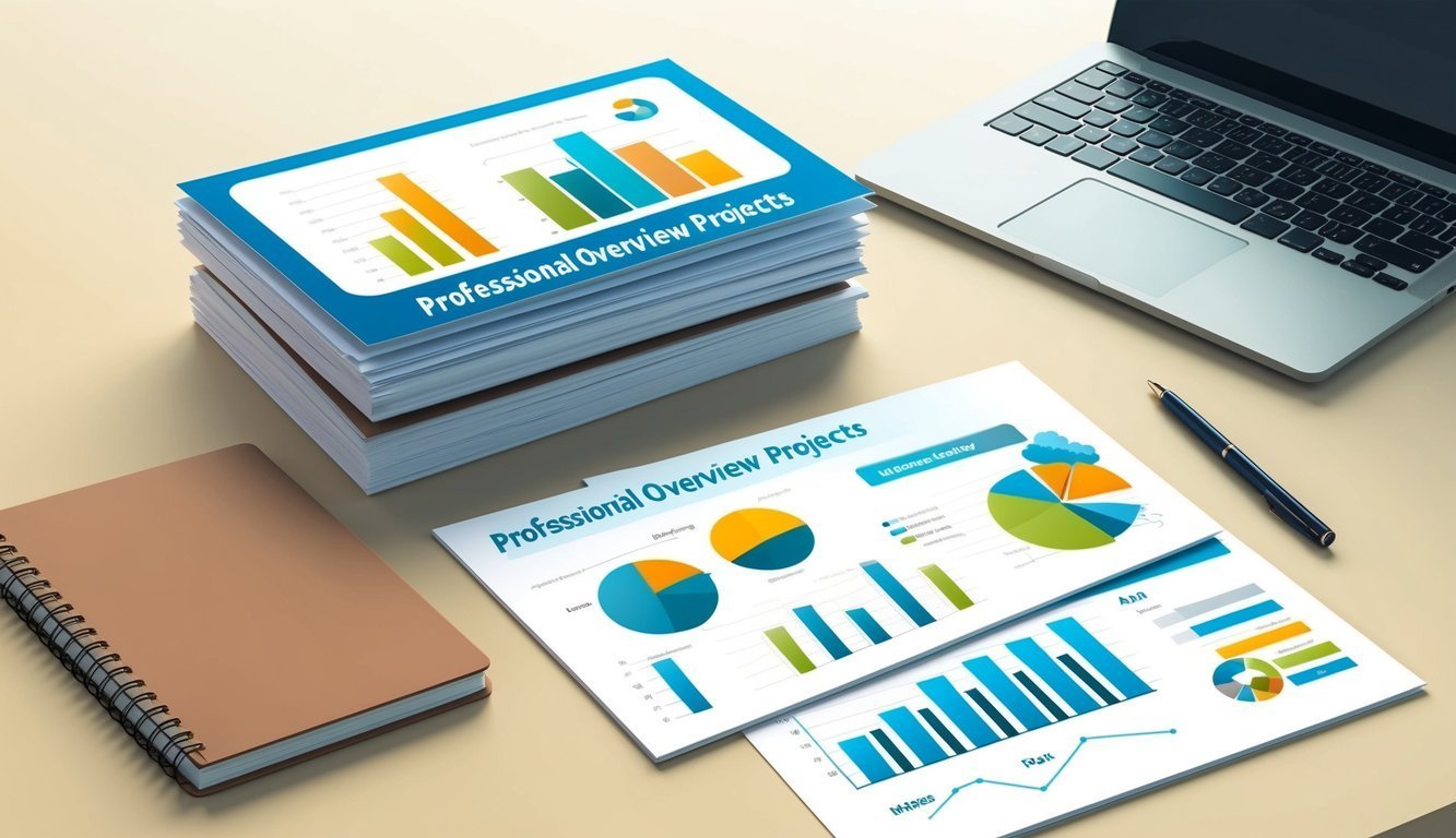 Stack of "Professional Overview Projects" reports with laptop and pen