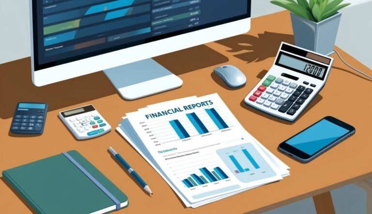 Desk with financial reports, calculators, computer, and a smartphone