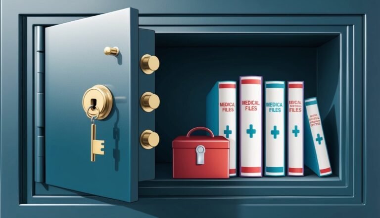 Open safe with medical files, first aid kit, and key in the lock