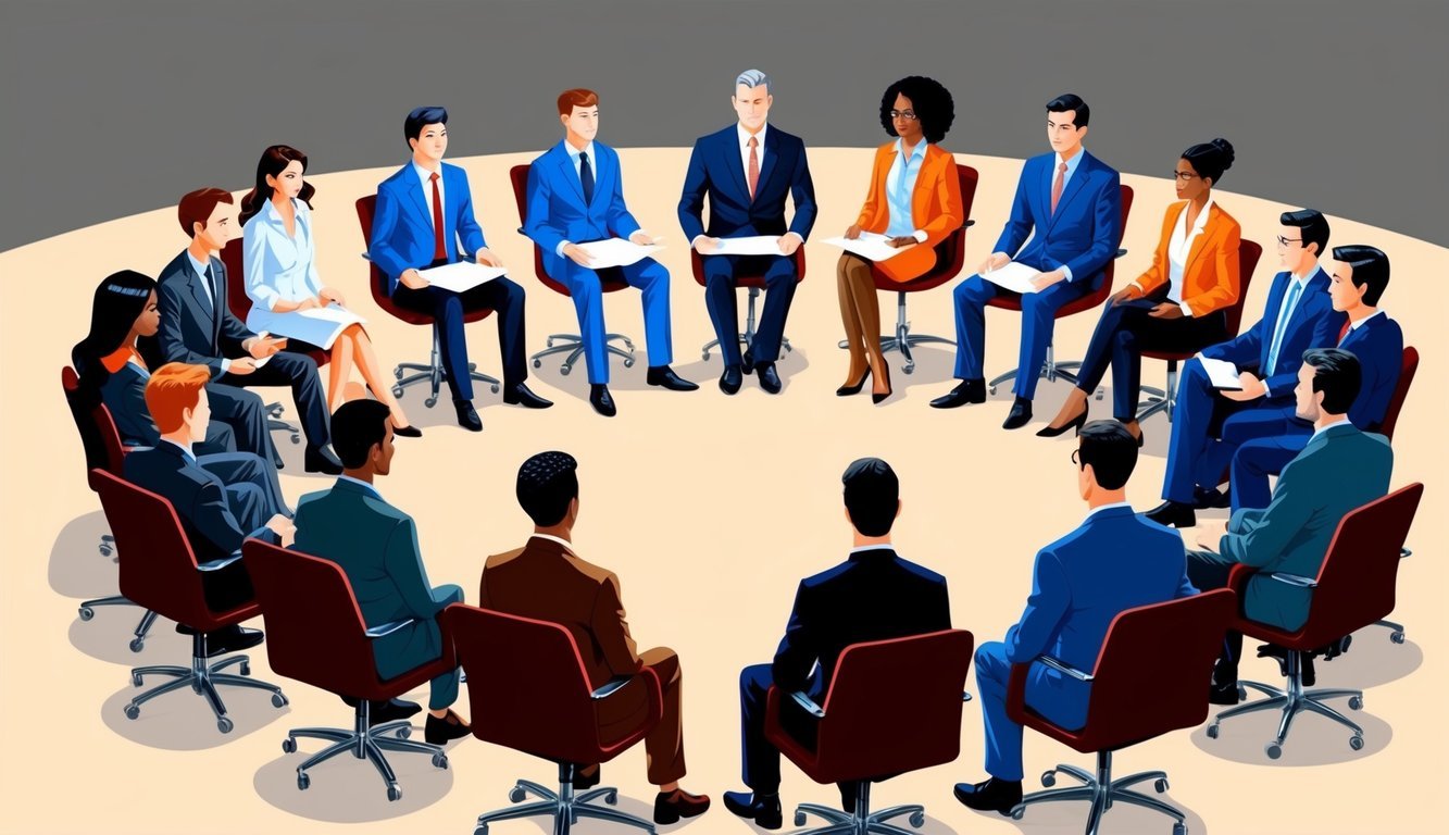 A group of diverse candidates sit in a circle, while a panel of professionals observe and discuss their qualifications