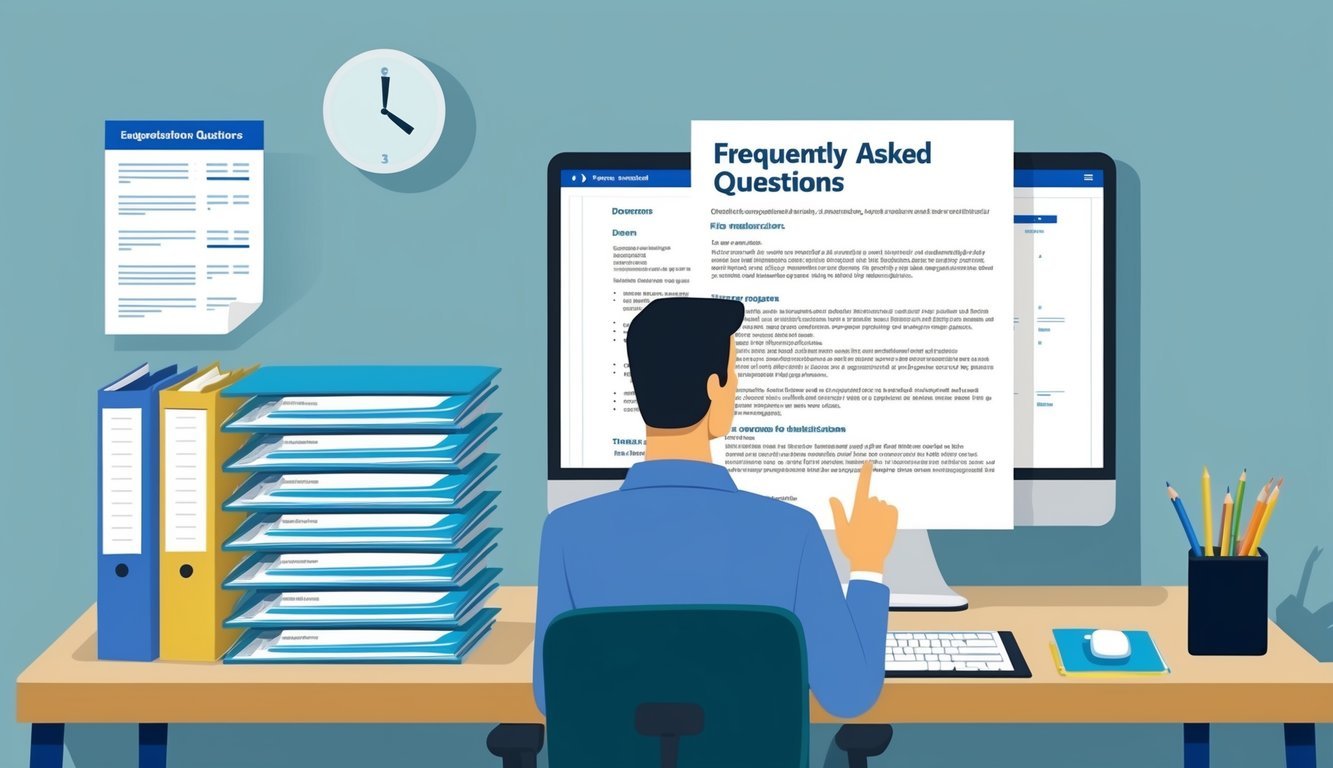 A desk with a computer, files, and a stack of resumes.</p><p>A person reviewing applications.</p><p>A "Frequently Asked Questions" document open on the screen