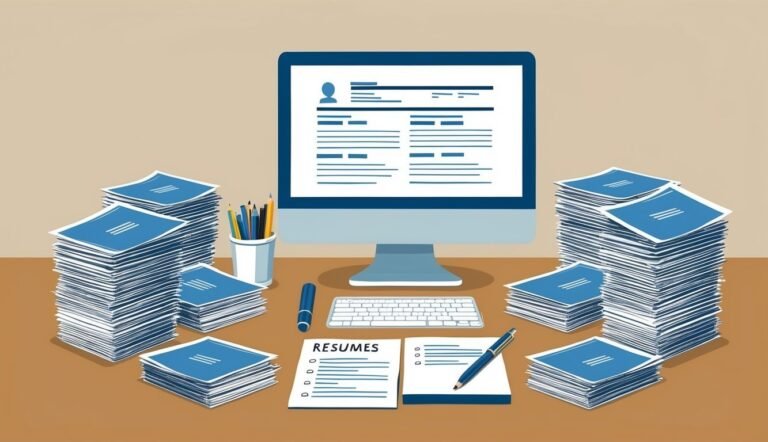 Computer screen with resume, stacks of resumes, and office supplies