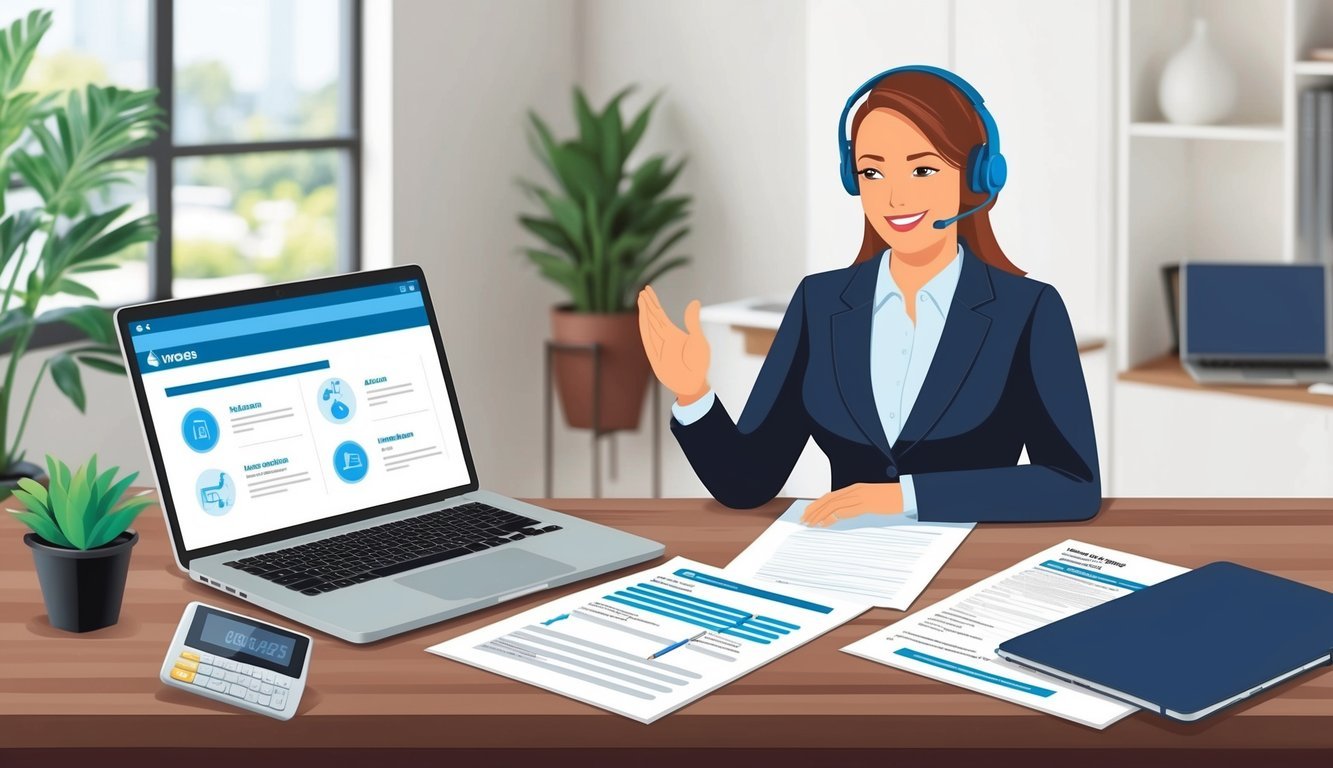 A laptop, headset, and paperwork on a desk with a remote insurance agent answering customer questions