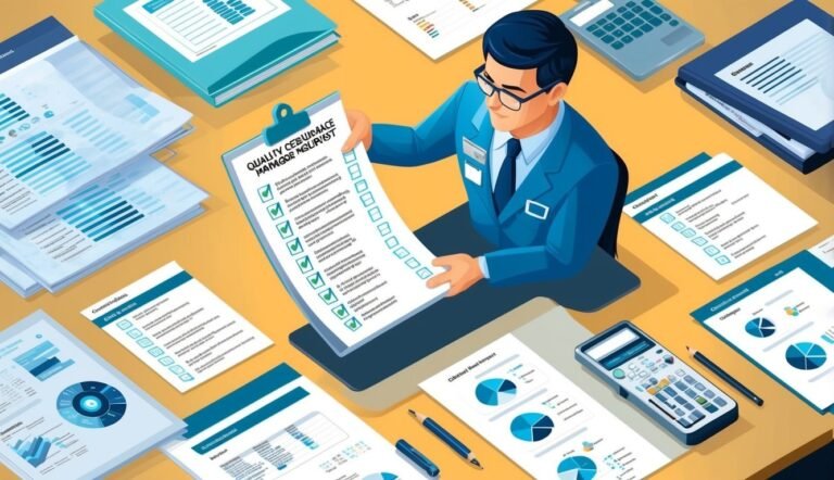 Man in glasses reviews a checklist surrounded by reports and charts