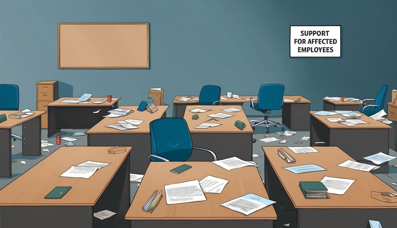 A group of empty office desks with scattered papers and abandoned office supplies.</p><p>A sign on the wall reads "Support for Affected Employees."