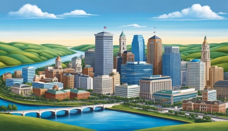 Cityscape painting with skyscrapers, river, bridge, and green hills under a blue sky